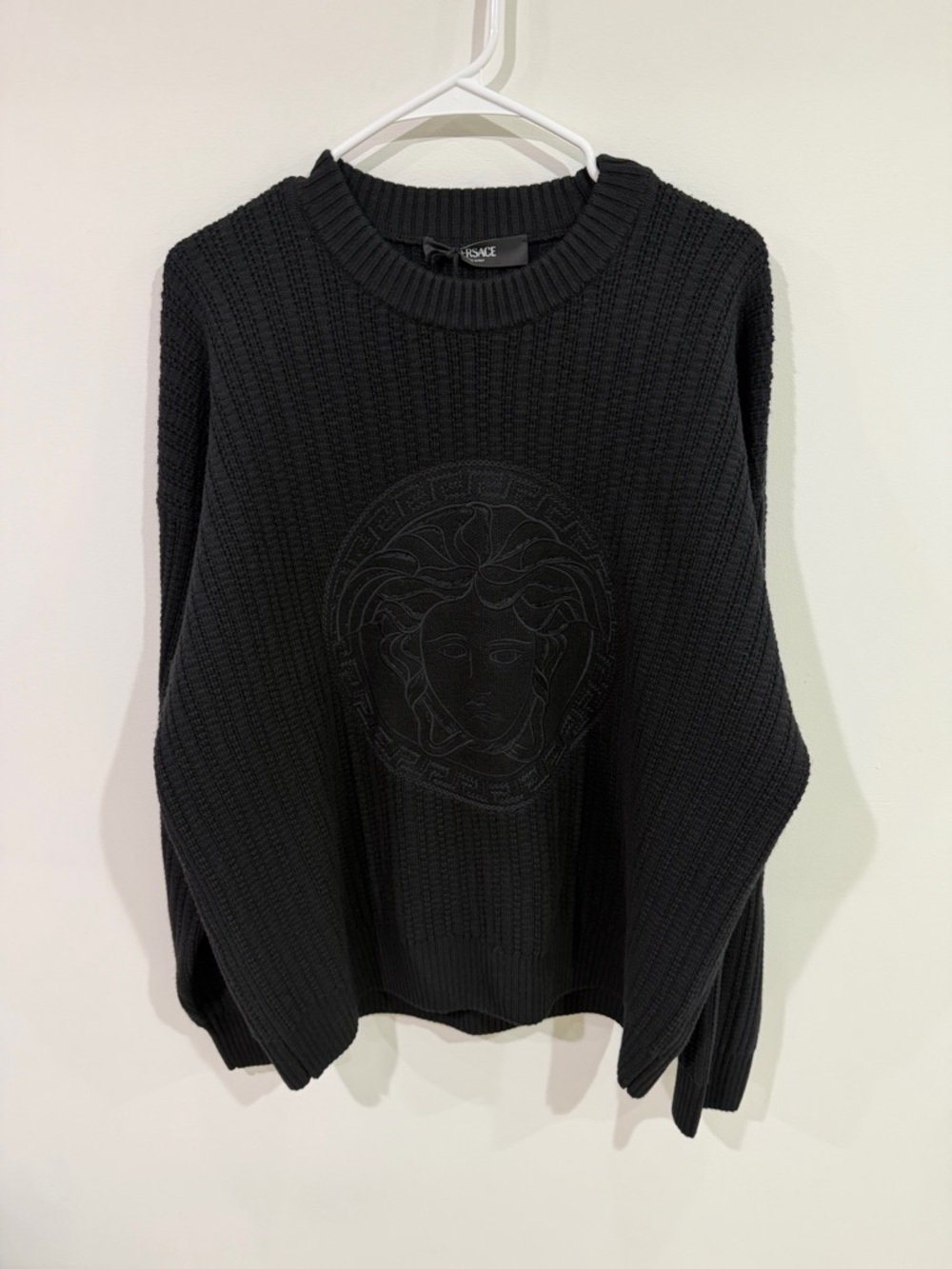 Versace Black Medusa Embroidered Wool Sweater Size 52 XL Crewneck Knit NEW